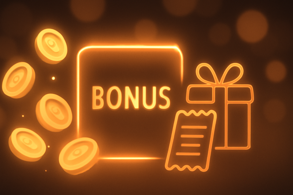 Warm neon BONUS with coins, gift box, and receipt—points back, special perks, limited-time extras—sweet dopamine sparkle