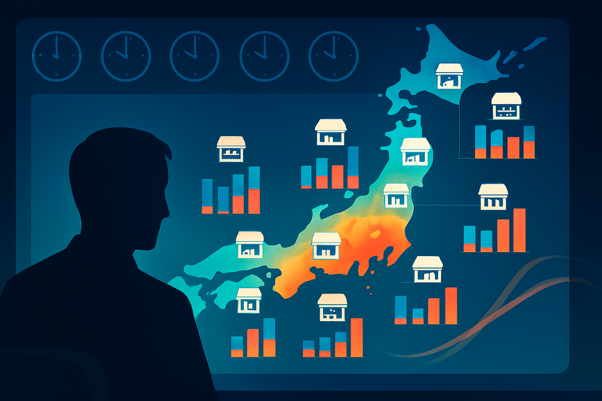 Analyst silhouette facing a Japan map heatmap with store icons and bar charts under clocks—regional stock gaps, smart routing, data-driven confidence