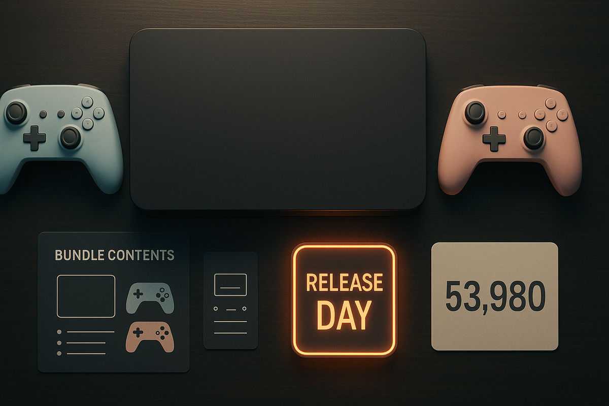 Flat-lay of a next-gen console bundle—two pastel controllers, “RELEASE DAY” neon tile, price card 53,980, and icons for included items—anticipation, clean proof-of-what-you-get, decisive buy energy