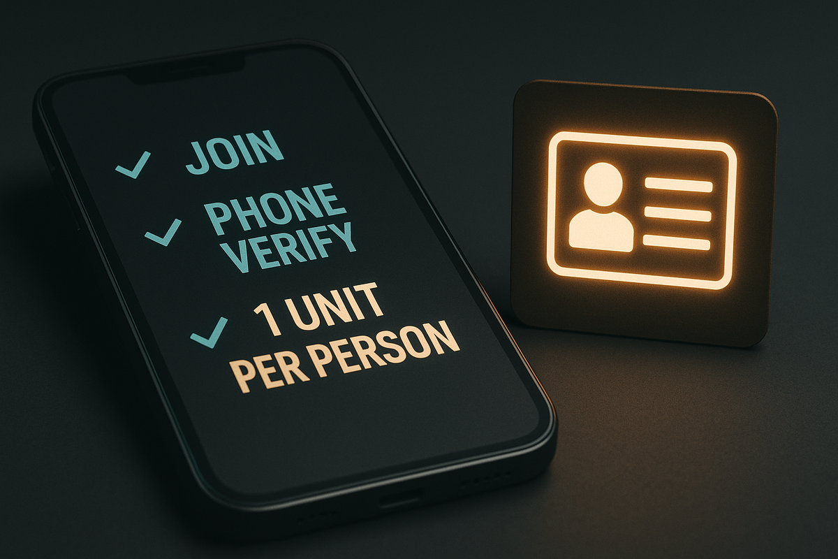 Smartphone with checklist “JOIN → PHONE VERIFY → 1 UNIT PER PERSON” beside glowing ID icon—clear eligibility rules for lottery entry, zero-confusion, urgent compliance vibe