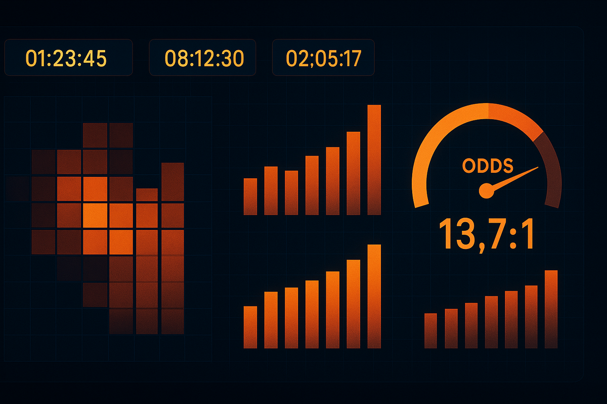 Dark analytics dashboard with countdown timers, heatmap, rising bar charts, and an ODDS gauge reading 13.7:1—realistic win-rate forecast, high-stakes tension, data-driven hype