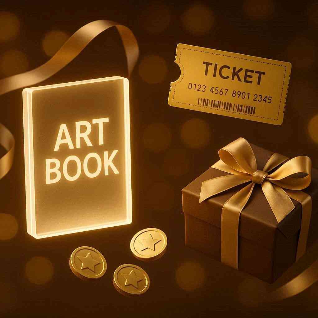 Golden reward tableau—glowing ART BOOK slab, ticket, ribboned gift box, and star coins—exclusive bonus perks and early-buyer joy, warm collector thrill