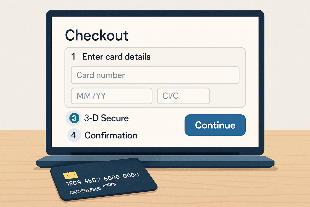 Checkout screen close-up showing card fields and “3-D Secure → Confirmation” steps—secure payment flow under deadline pressure, stress-free guidance to complete the order