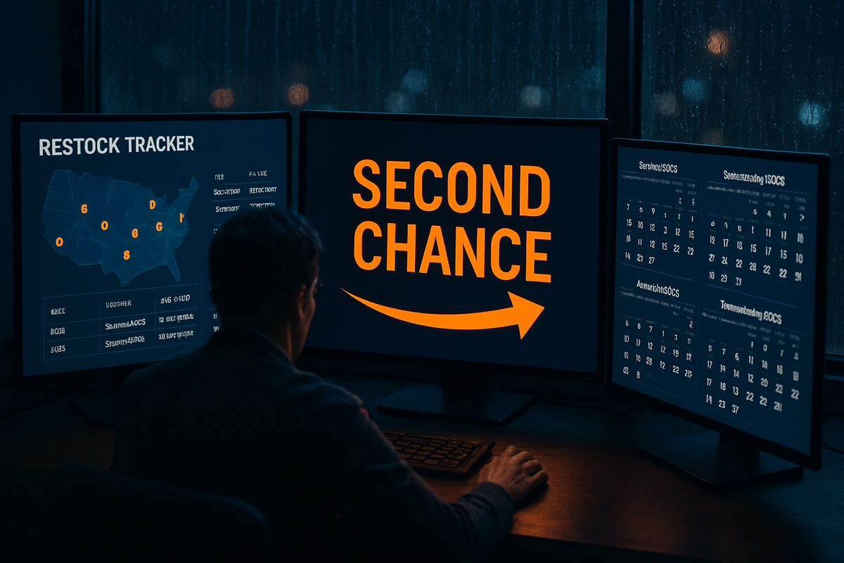 Night workstation with three monitors—RESTOCK tracker map, big “SECOND CHANCE” arrow, monthly calendars—hopeful restock watch for missed buyers, calm yet electric urgency