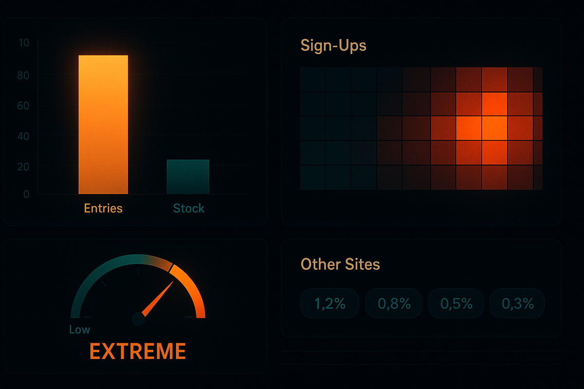 Dark analytics dashboard—Entries bar towering over tiny Stock, red-hot sign-ups heatmap, gauge pegged “EXTREME,” tiny win-rate bubbles—brutal odds explained, data-driven dread and urgency