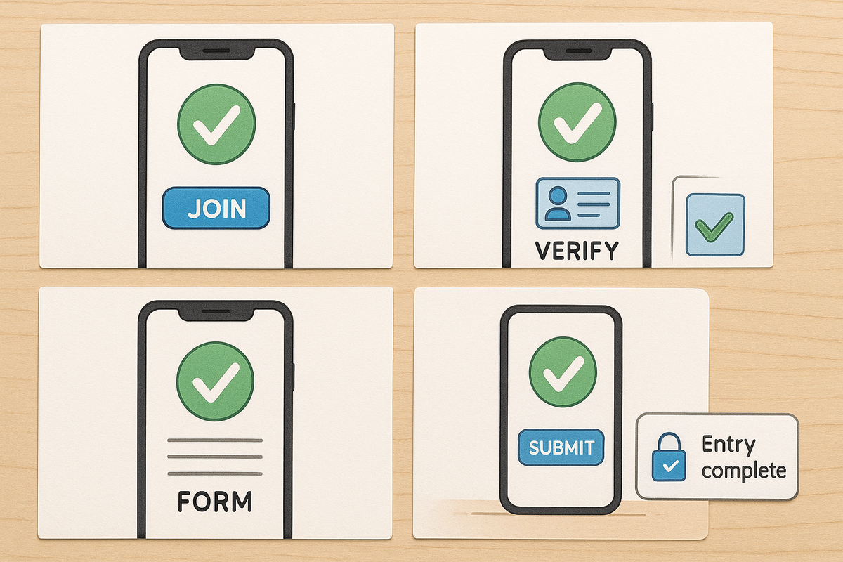 Clean 4-step phone flow—JOIN → VERIFY ID → FORM → SUBMIT with padlock “entry complete”—mistake-proof guide to submit a valid Seven Net lottery entry, calm control and confidence