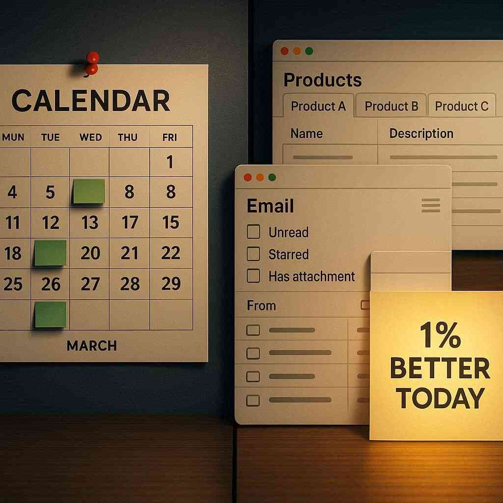 Pinned calendar with green blocks, inbox widget, glowing note “1% BETTER TODAY”—daily alerts and schedule discipline to catch Seven Net draws, hopeful focus and steady momentum