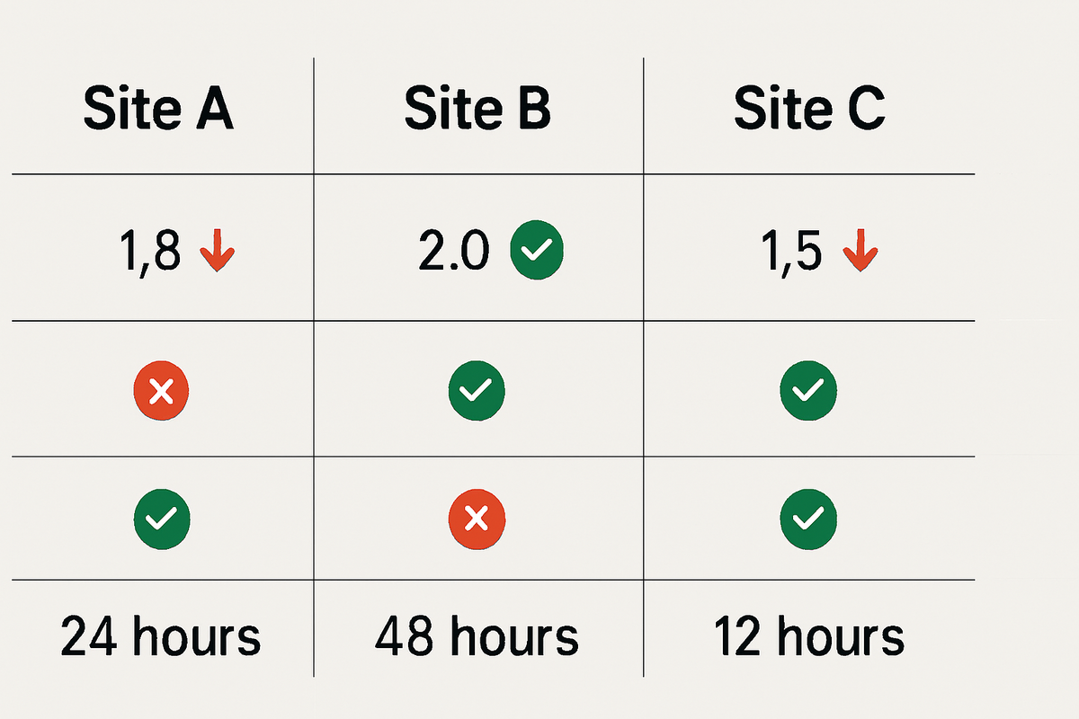 Minimal comparison table—Site A/B/C acceptance rates with checks/crosses and payment windows 24h / 48h / 12h—clear, decisive view to choose where to apply for the Switch 2 Pokémon bundle, confident strategy