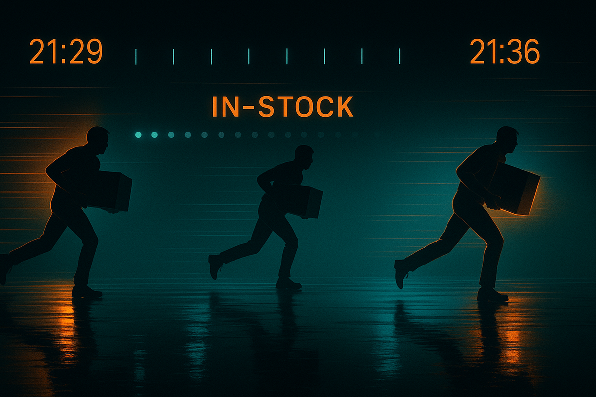 ONLINE sign with 00:00:03 countdown—cart and box icons ignite a click-to-cart frenzy—stealth drop, first-come sale, electric urgency and winner’s rush