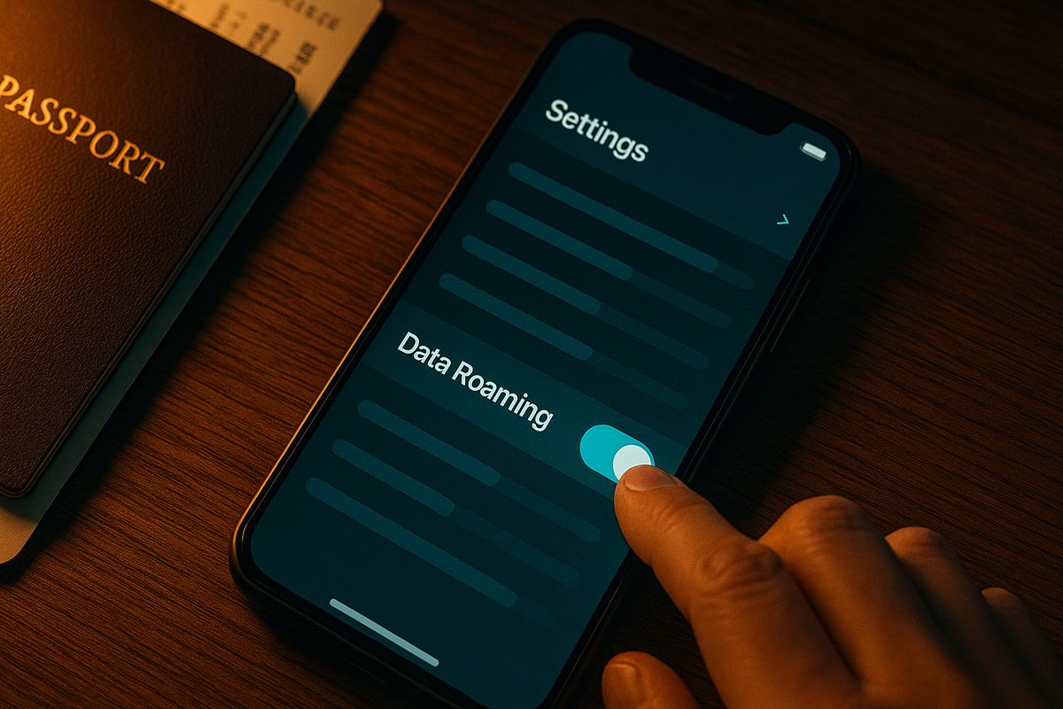 Hand toggling “Data Roaming” on an iPhone beside a passport—pre-departure setup for Rakuten Mobile: enable roaming, complete Rakuten Link, iOS 14.4+—calm readiness, zero-stress confidence