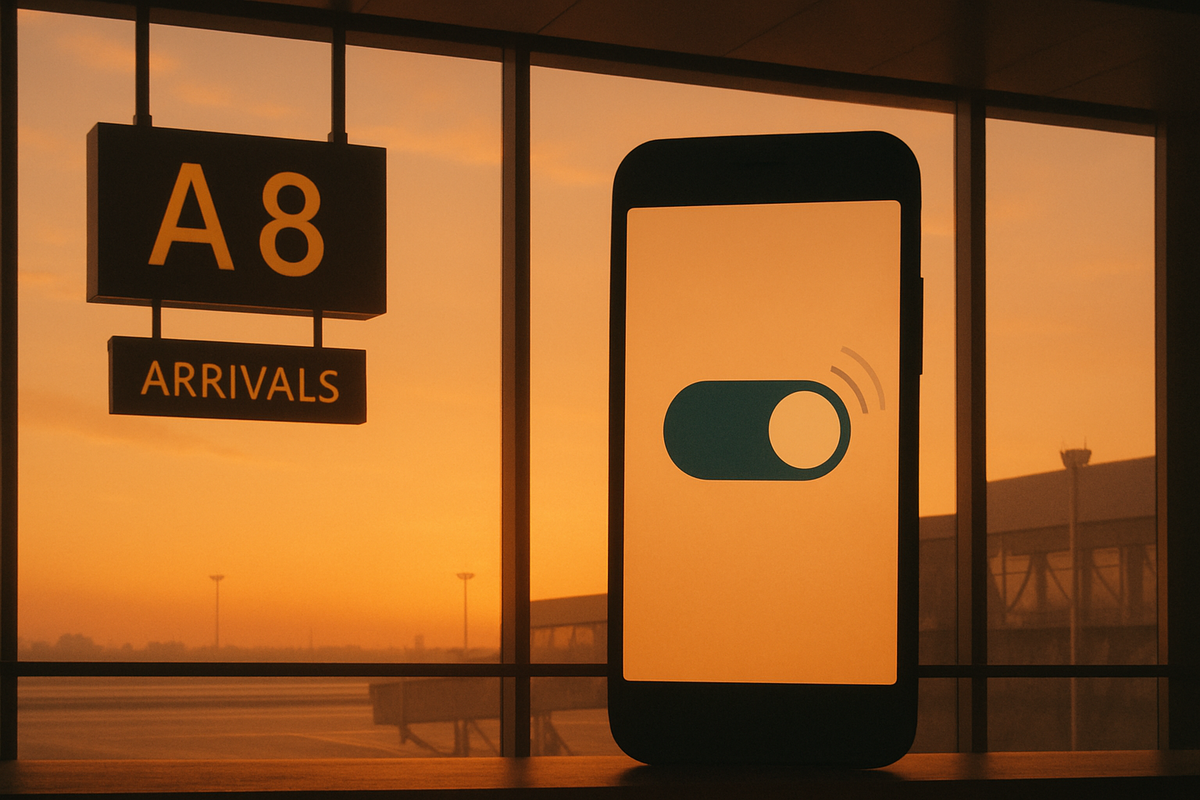 Airport arrivals at sunrise with a giant phone switch turning on—on-arrival steps: data roaming ON, auto network select, APN check—smooth touchdown optimism, go-time clarity