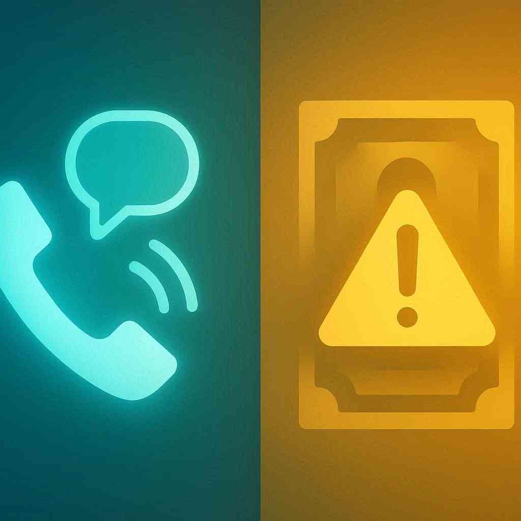 Split neon icons: call/chat glow vs money warning—iPhone default dialer risk and international charges; use Rakuten Link to save—wallet-saving caution, bright safety cue