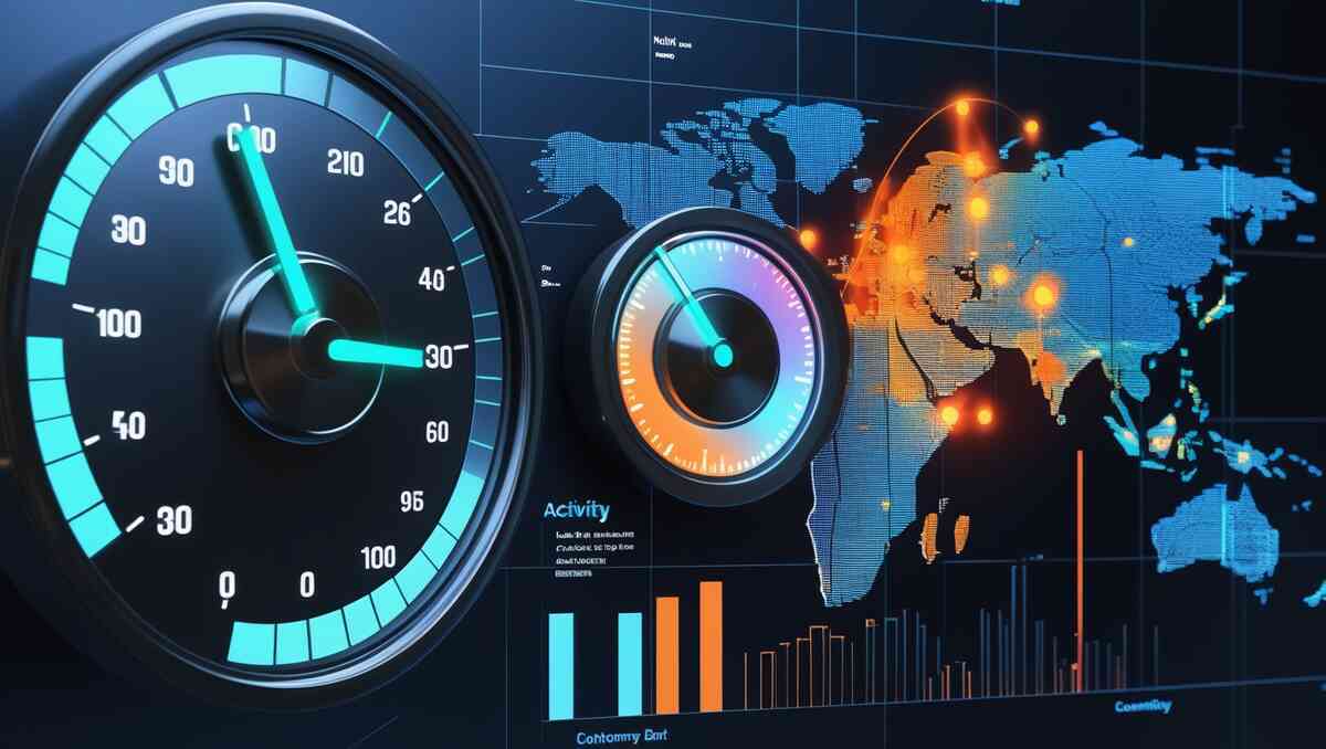 Futuristic speed gauges over a world map with hot nodes and bar charts—real roaming performance review: latency, stability, country speed tests—data-driven truth, thrilling clarity