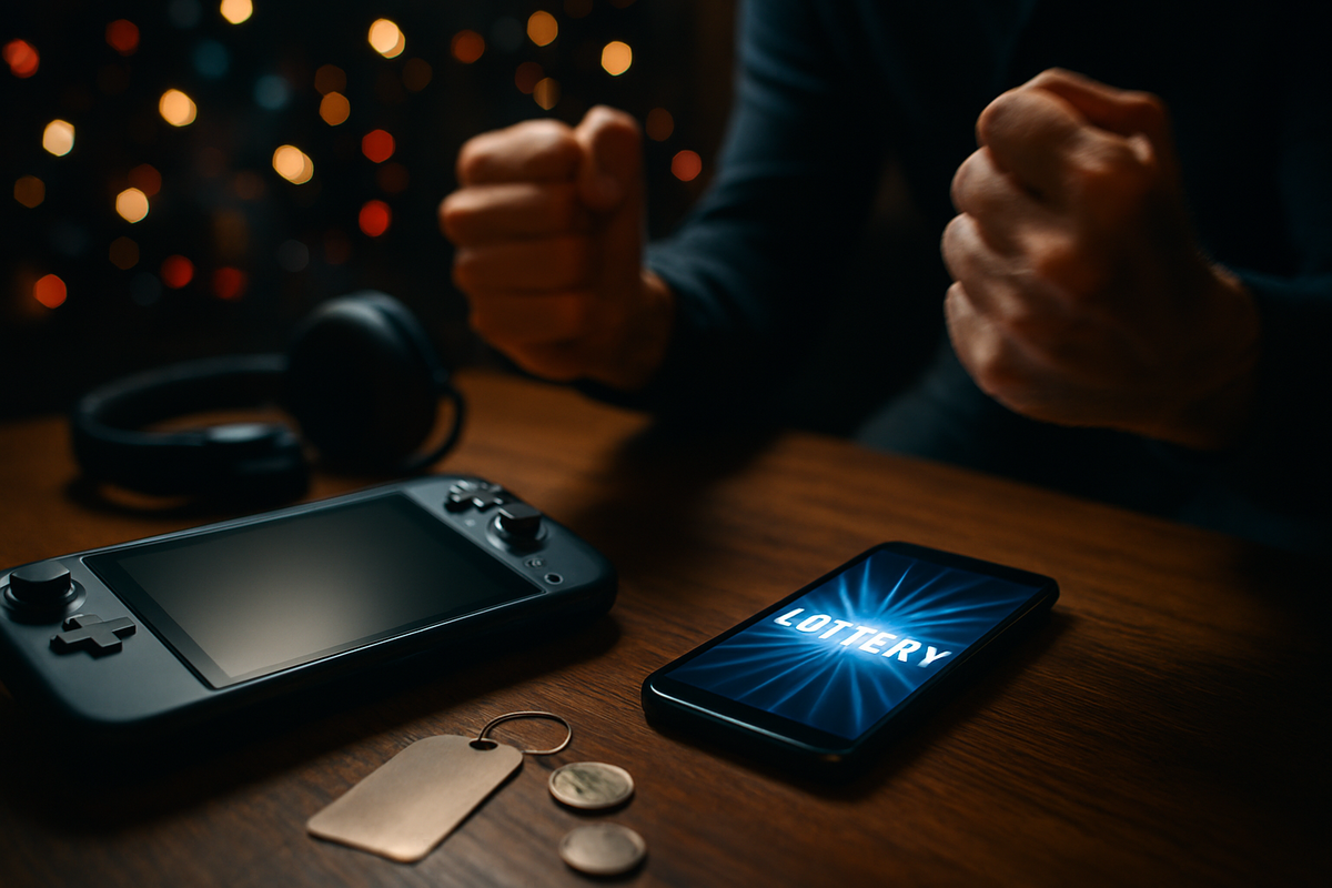 Tense gamer fists beside a handheld console and a smartphone reading lottery—limited bundle raffle, hype and adrenaline, cinematic bokeh, hopeful nerves, high-stakes excitement, irresistible discover teaser