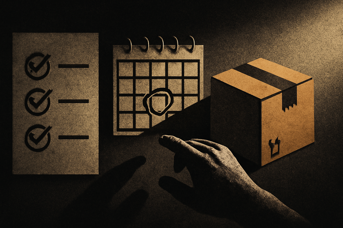 Checklist, circled calendar, and shipping box under harsh spotlight—rules and conditions made visual, urgent prelaunch prep, gritty texture, decisive action, calm control, no-nonsense roadmap energy