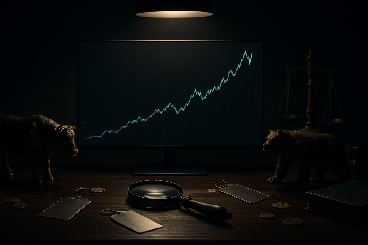 Moody analyst desk with rising line chart, magnifying glass, and blank price tags—resale value trend, collector market insight, credible and data-driven, quiet confidence, premium editorial feel