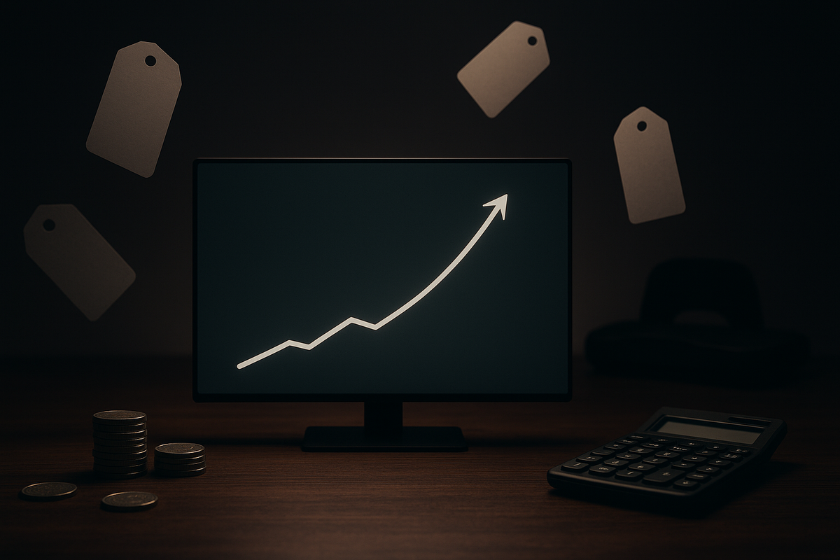 Minimal pricing desk—monitor with rising savings curve, floating blank price tags, coins and calculator—calm, data-driven forecast of shockingly low sale price