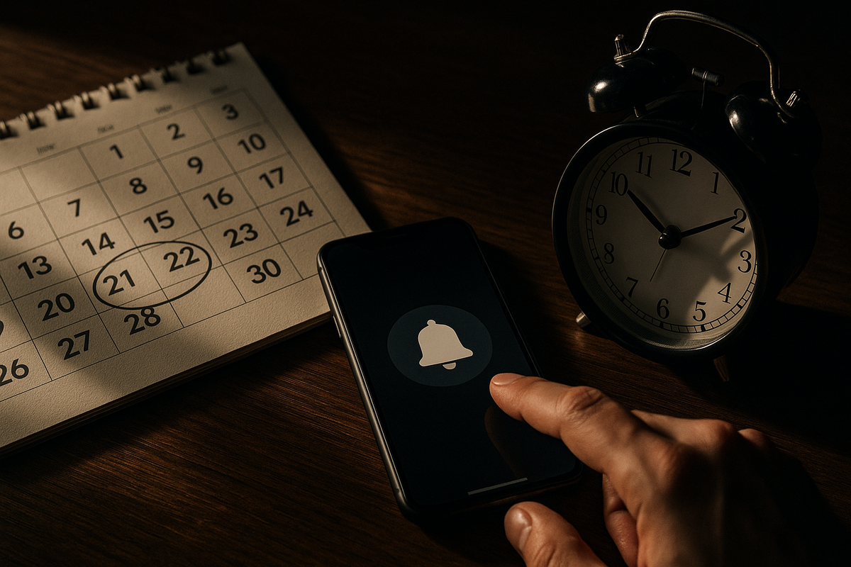Circled calendar beside alerting smartphone and ticking alarm—finger about to tap—urgent countdown, FOMO heat, don’t-miss notification vibe