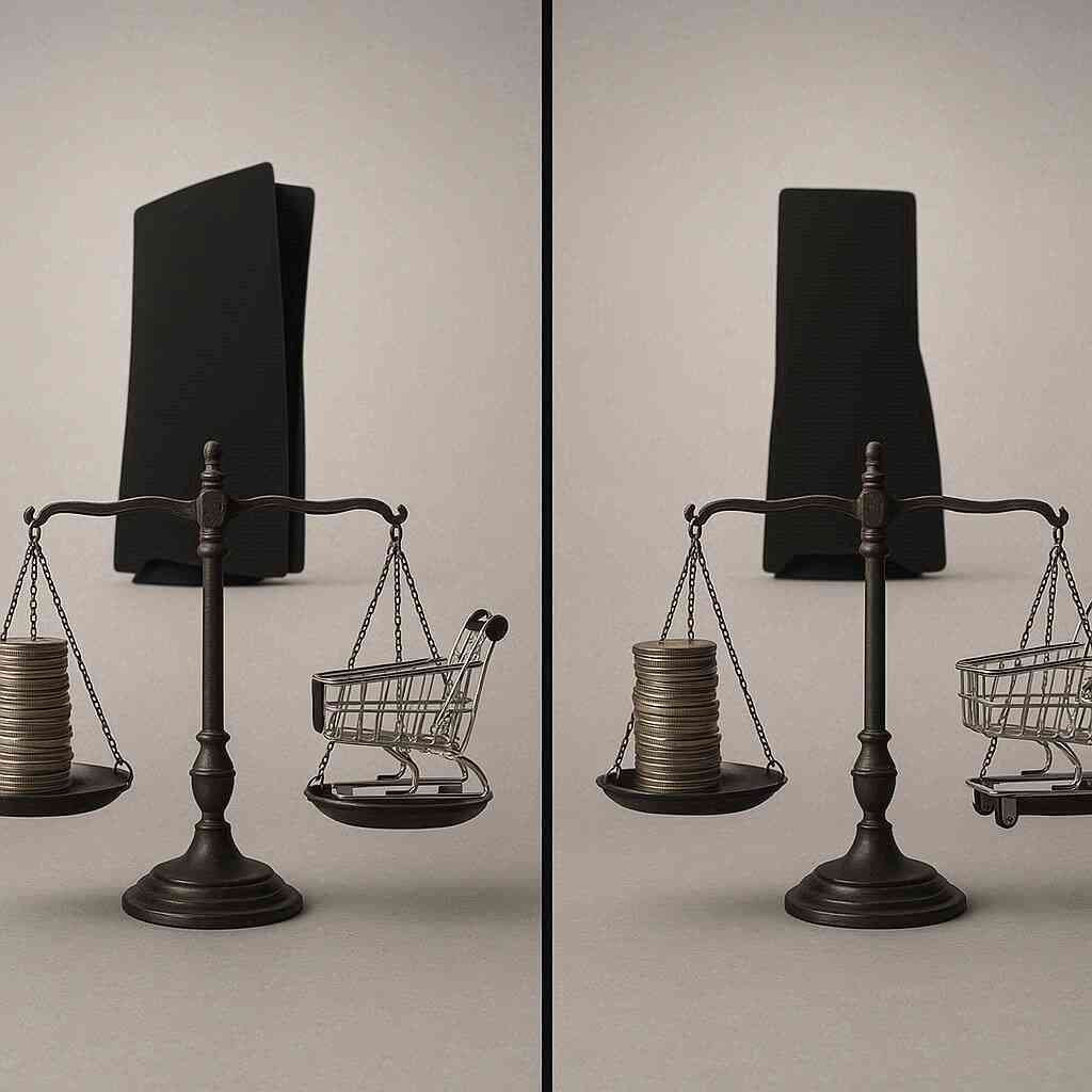 Split comparison—two balanced scales weighing coins vs mini carts before a console silhouette—fair, objective side-by-side sale analysis, clear decision energy