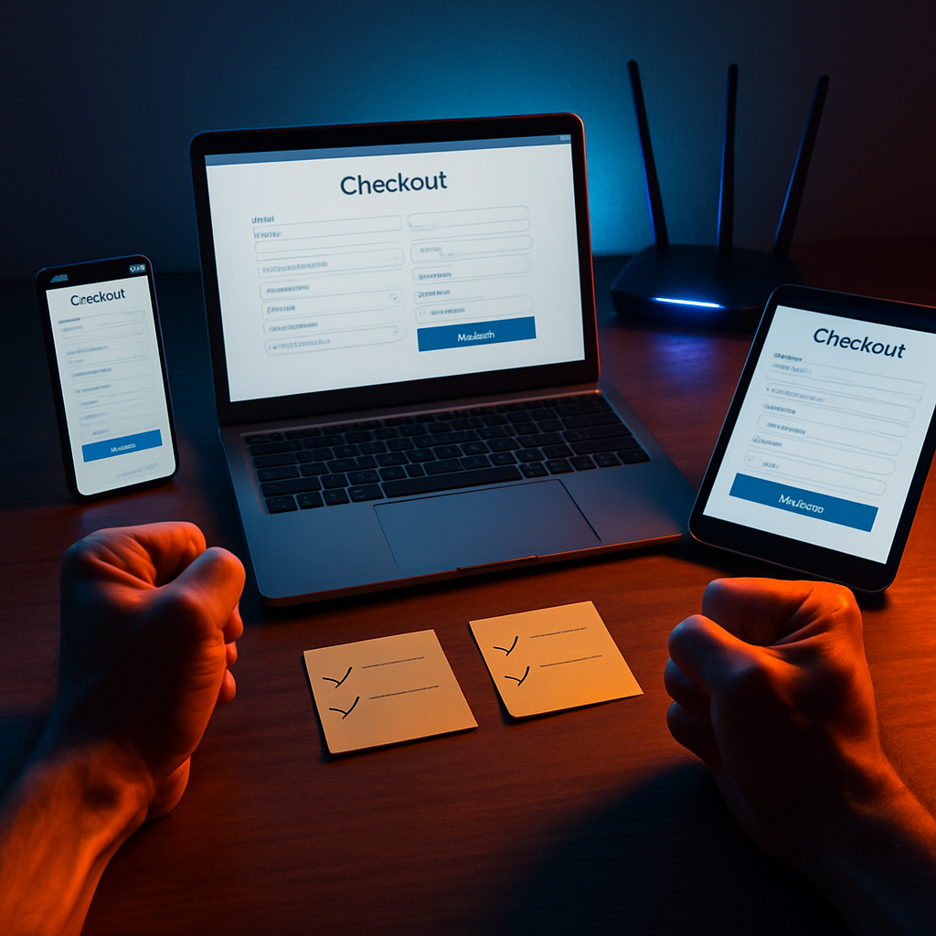 Checkout war-room—laptop, phone, and tablet ready, clenched determined fists, router glow and tiny checklists—focused speed, victory mindset, win-the-cart intensity