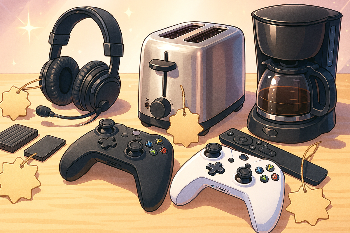 Sparkling bargain spread—headset, controllers, SSD, remote, toaster and coffee maker with blank sale tags—playful treasure-hunt joy beyond the console, irresistible deals