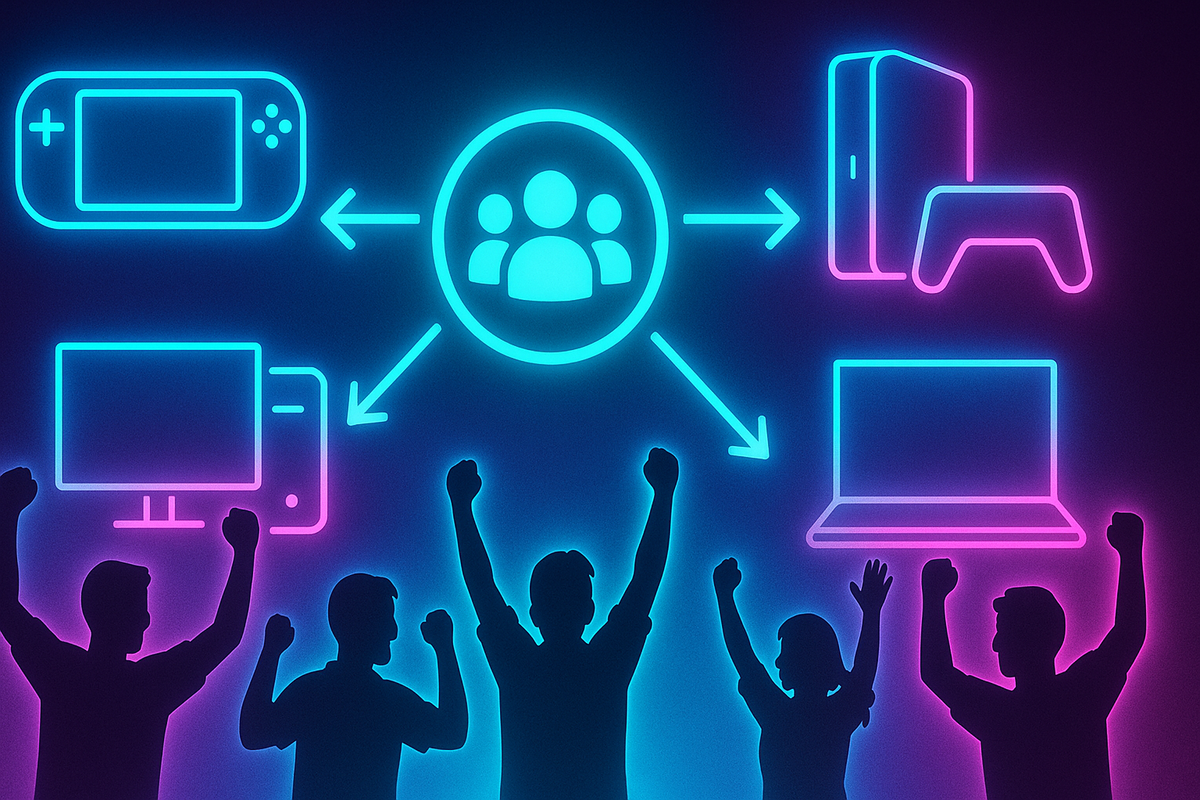 Neon crossplay diagram—handheld, console, laptop, and PC linked to one squad hub with cheering silhouettes—Borderlands 4 play-together-anywhere promise, inclusive electric energy, vibrant co-op joy