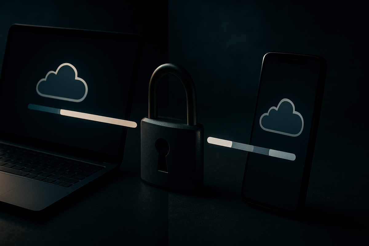 Cloud-save bars flowing between laptop and phone with a central padlock—cross-save/progression status, partially locked, security-first design, realistic roadmap tension, moody tech calm