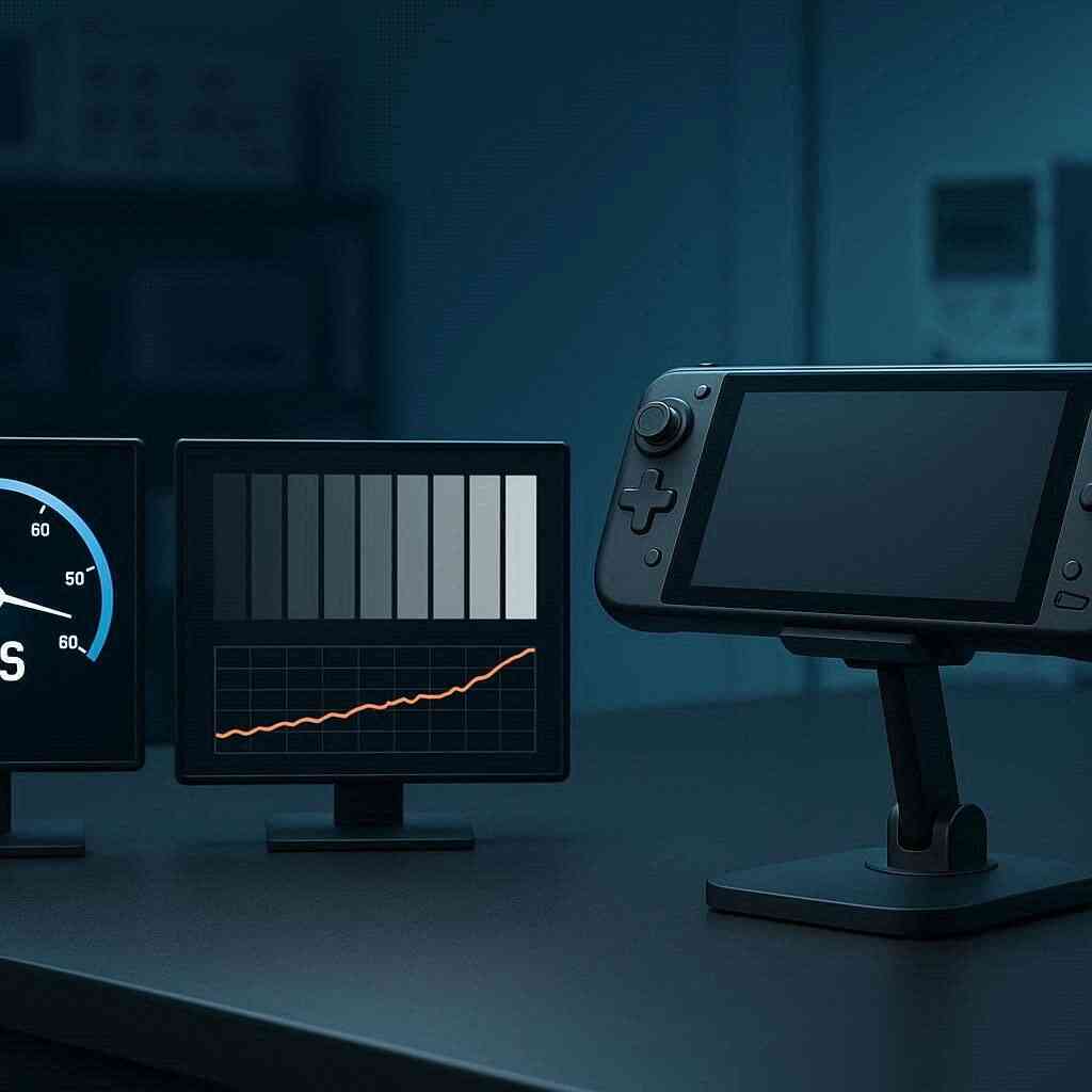 Lab-bench performance readout—FPS gauge, resolution bars, thermal trend beside a handheld—Switch2 optimization targets, crisp benchmarking, data-driven confidence, cool studio clarity