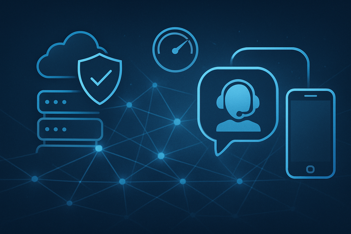 Online backbone icons—cloud servers, shield check, speed dial, voice-chat bubble, mobile app over a mesh network—Nintendo Switch Online requirements, stable low-latency promise, safe and friendly vibe