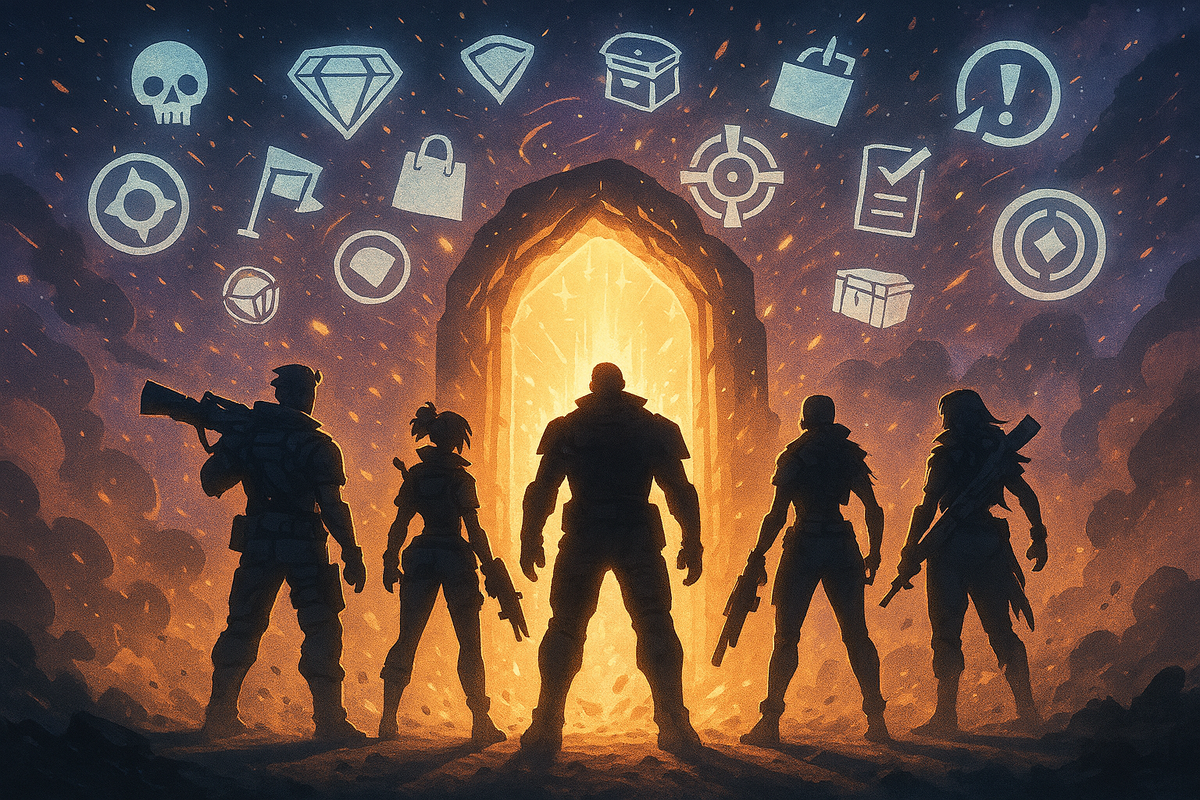 Five vault-hunter silhouettes before a blazing raid gate, ringed by loot and mission icons—endgame multiplayer loop, weekly challenges, epic progression hunger, fiery cooperative thrill