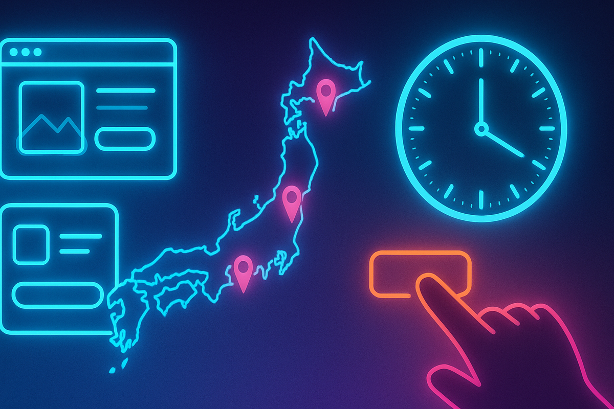 Neon pre-order dashboard—Japan map with glowing pins, browser cards, ticking clock, finger about to press—nationwide store roundup, urgent FOMO energy, tap-now tension