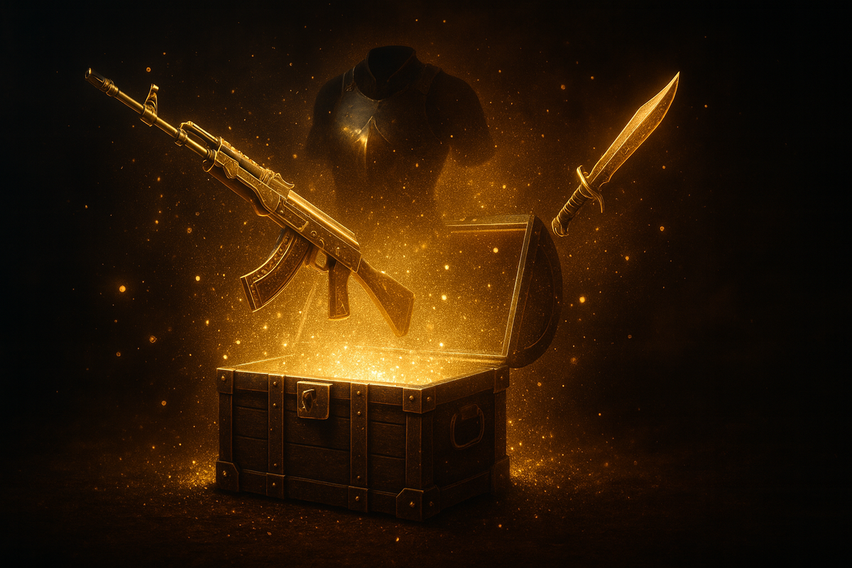 Radiant treasure chest bursting with glittering gear—shimmering weapon skin, armor, and blade silhouettes—exclusive pre-order bonus pack reveal, sparkling reward thrill