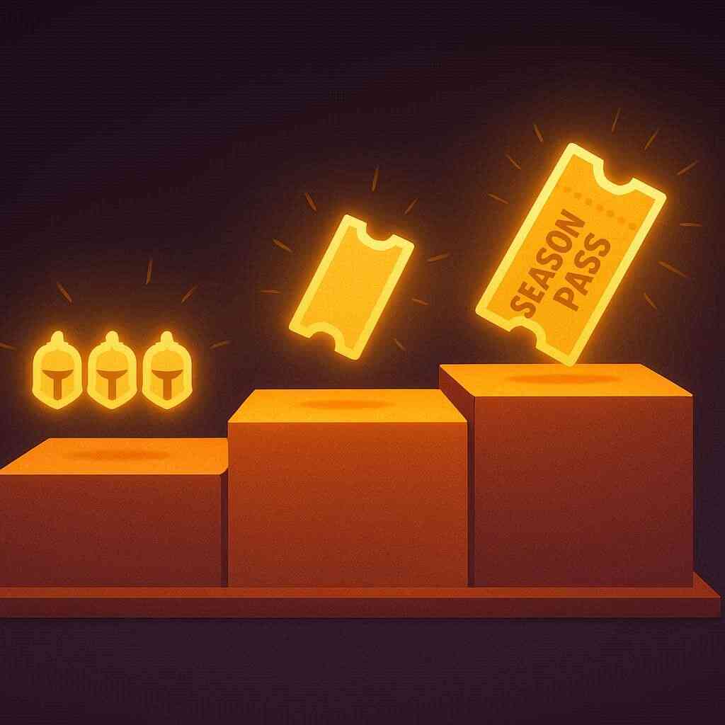 Three-tier edition ladder—standard → deluxe → ultimate on a podium, glowing tickets and season-pass icon—clear side-by-side comparison, decisive upgrade momentum