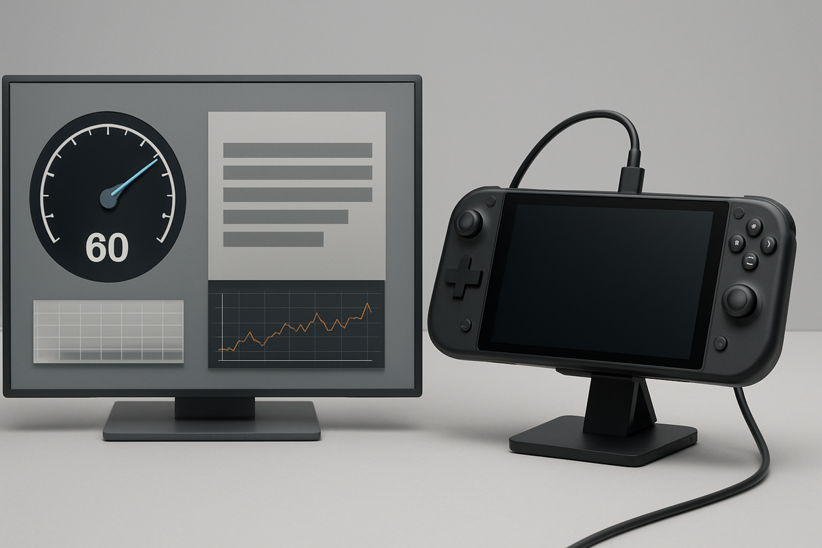 Lab-grade performance bench—handheld connected by USB-C beside monitor showing 60-FPS dial and rising graphs—spec targets, frame-rate confidence, data-driven clarity