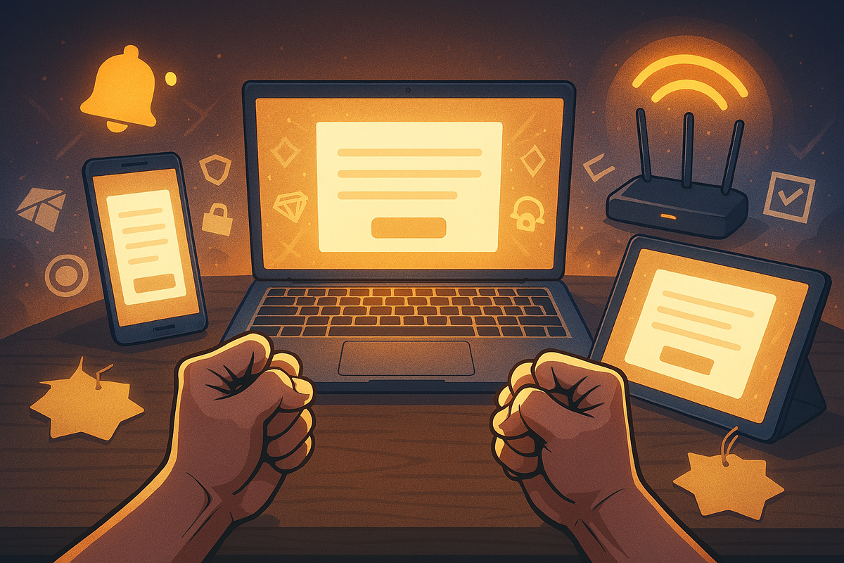 Multi-device checkout war-room—phone, laptop, and tablet glowing with forms, notification bell and Wi-Fi halo, clenched ready fists—stock alerts, simultaneous entry strategy, determined victory vibe