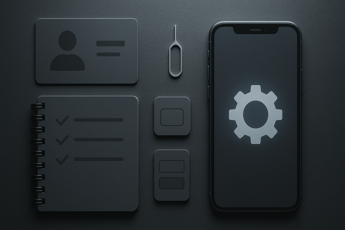 Minimal prep flat lay—ID card, SIMs, SIM-eject pin, checklist notebook, and a phone with a gear icon—UQ→Rakuten pre-switch checklist, SIM-lock check and device compatibility, neat and reassuring, beginner-safe energy