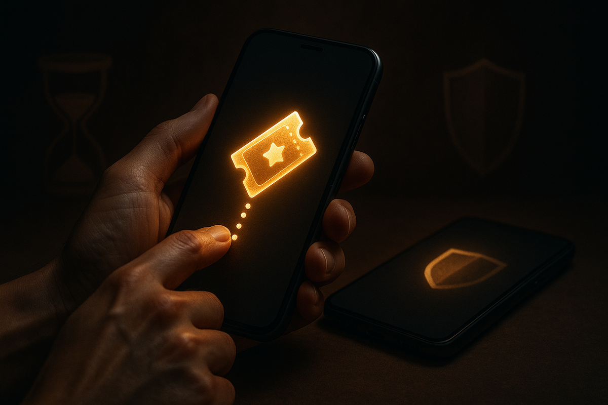 Hand tapping a glowing ticket icon on a phone—get your MNP reservation number via one-stop service, fast and secure transfer, gentle countdown urgency, protective shield comfort