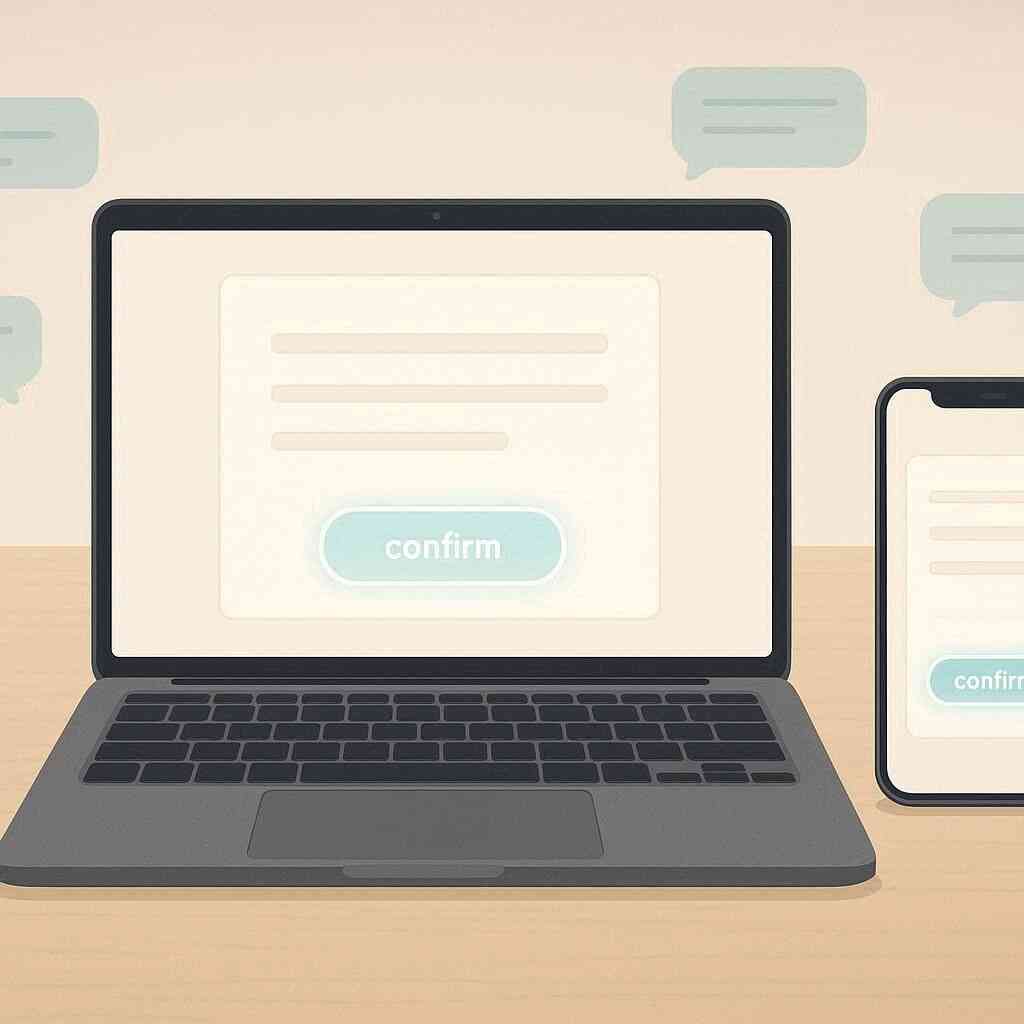 Laptop and smartphone with clean application forms and a friendly confirm button—Rakuten Mobile online sign-up walkthrough, step-by-step clarity, welcoming tutorial vibe, zero-friction flow