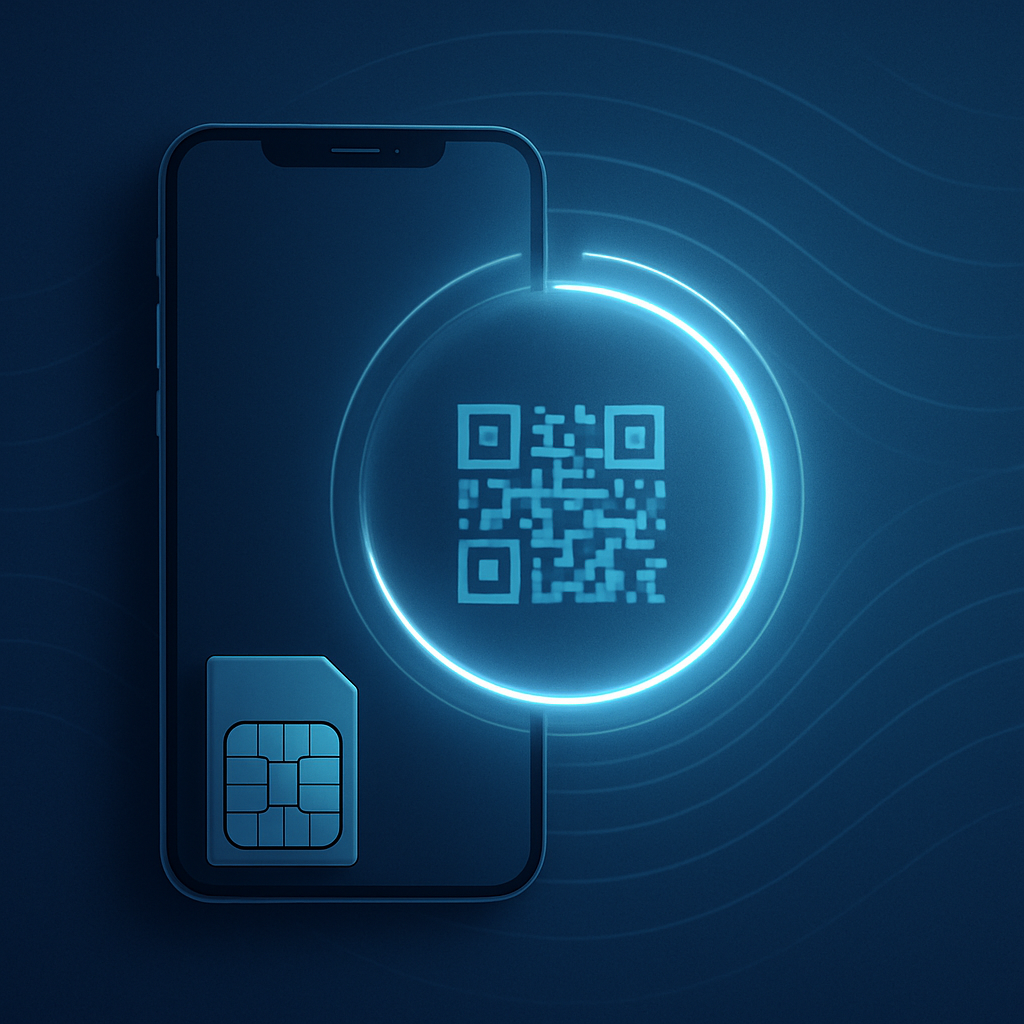 eSIM activation close-up—QR code halo and SIM chip silhouette on a phone—scan, download profile, connect instantly; smooth APN setup, crisp tech calm, first-signal joy