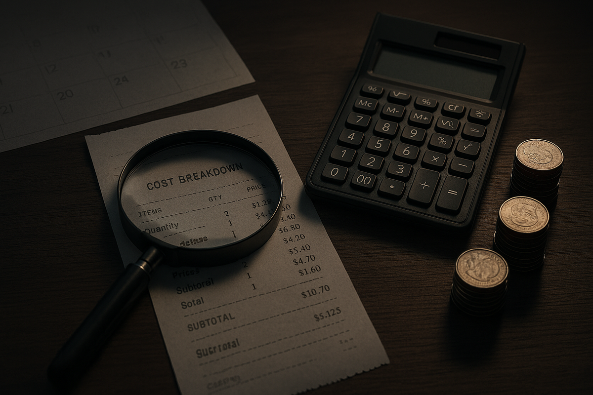 Cost breakdown scene—receipt under a magnifying glass with calculator and coin stacks—UQ cancellation fees vs Rakuten initial costs, end-of-month timing tip, transparent numbers, no-surprise honesty