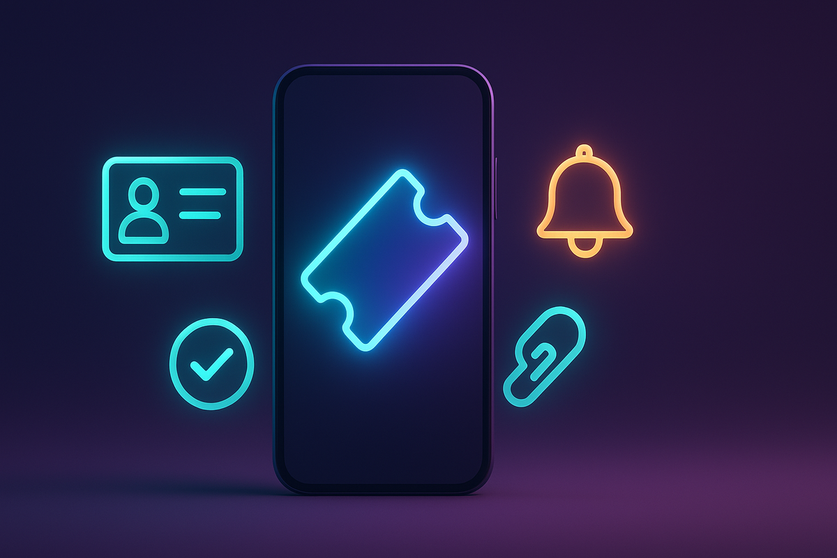 Smartphone with neon ticket icon surrounded by ID card, link chain, bell, and checkmark—how to claim the purchase-right coupon via app, link accounts, enable alerts—calm confidence, guided, frictionless