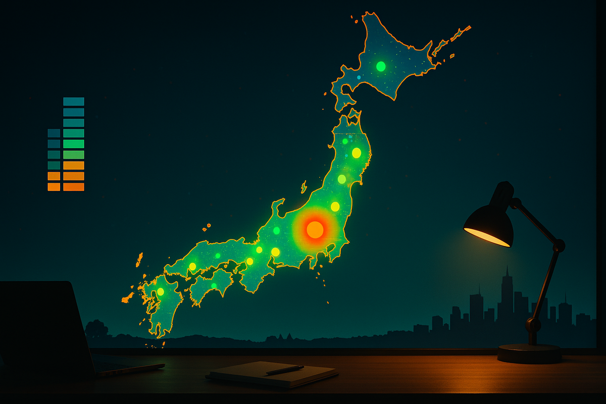 Japan heat-map glowing with store allocation hotspots on a night desk—urban vs rural stock intensity, hidden-gem hunting, data-driven hope, strategic clarity