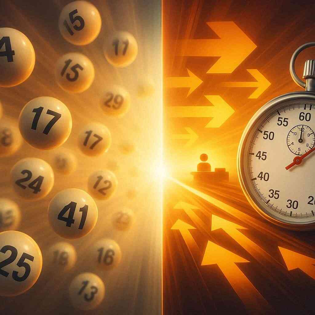 Split view: lottery balls fading into stopwatch and fast queue arrows—shift from抽選 to first-come, speed and control, lower odds pressure—decisive, empowering momentum
