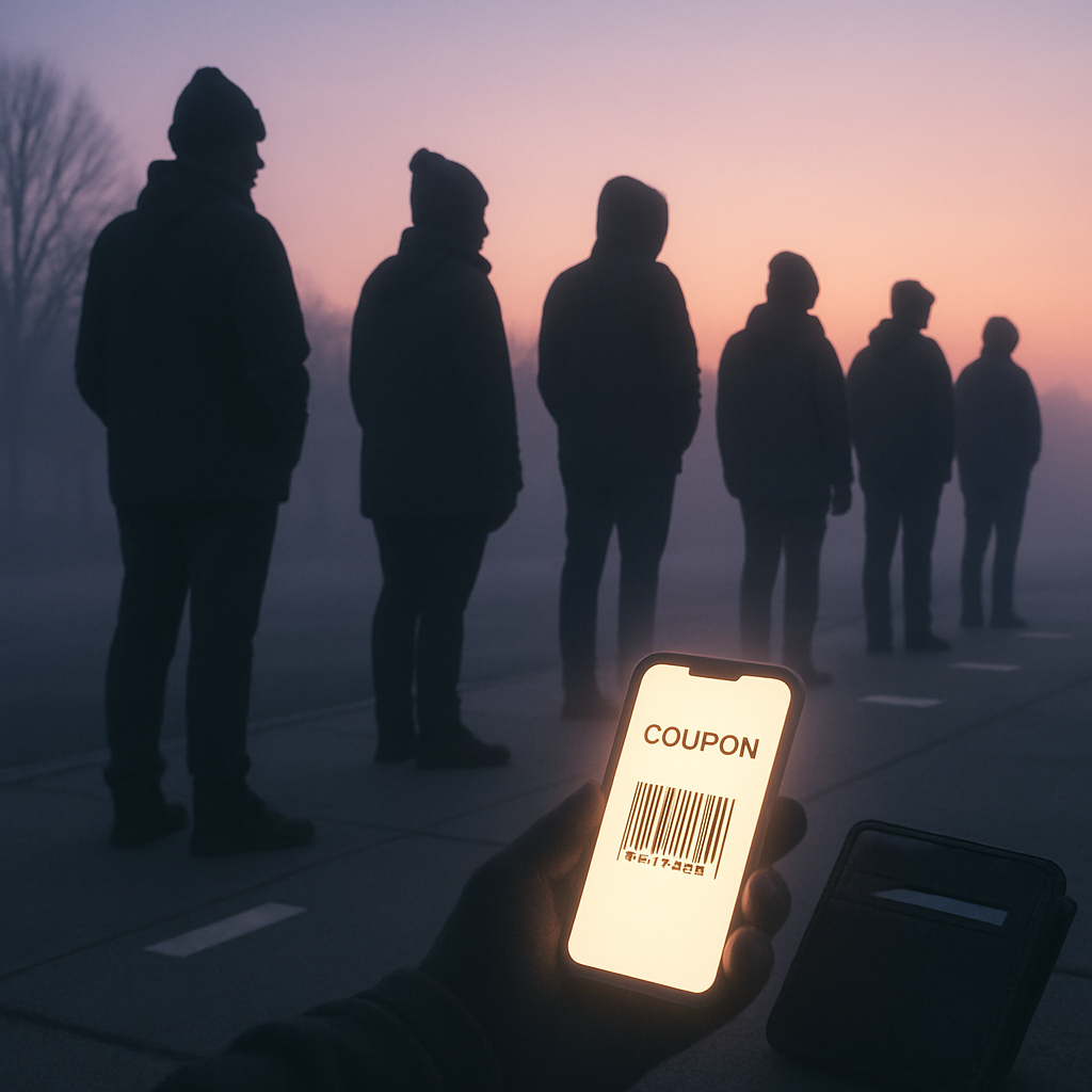 Dawn queue in mist with a phone showing bright coupon barcode and ID-ready wallet—launch-day discipline, arrive smart, show fast, win the unit—quiet tension, focused victory vibe