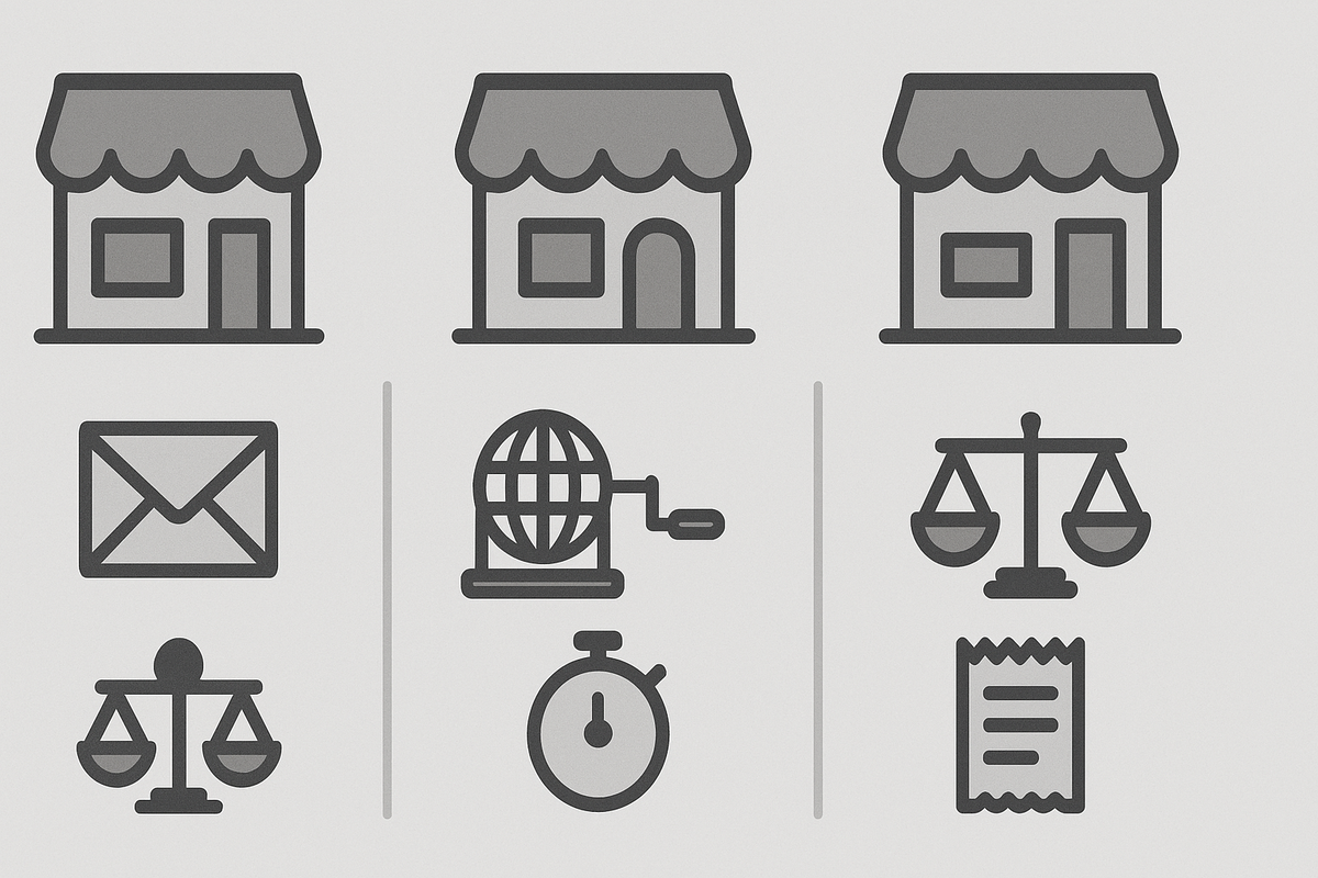Three neutral storefronts with invite envelope, raffle globe, stopwatch, scales and receipt icons—retailer method comparison: invite vs lottery vs first-come—fair, no-nonsense, choose-your-best-path clarity