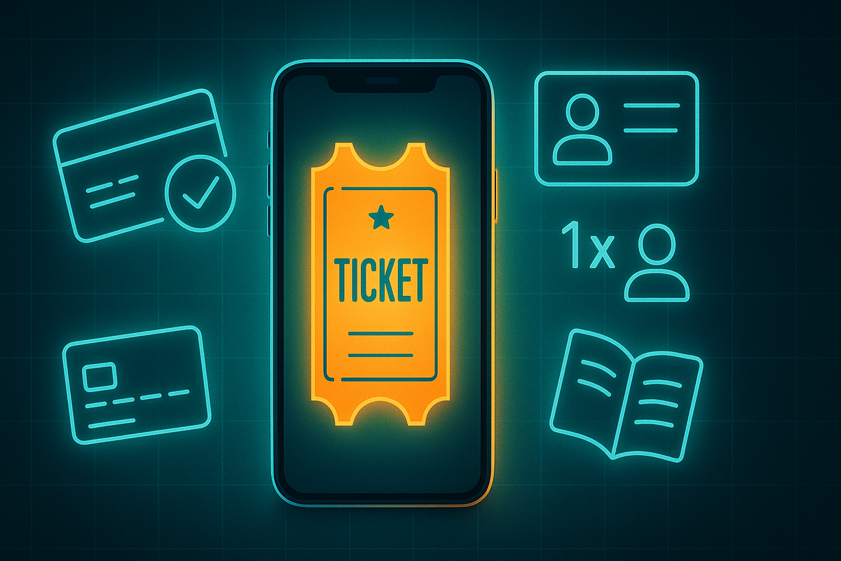 Smartphone ticket surrounded by ID card, credit card, single-entry icon and guidebook—entry requirements checklist for purchase-right coupon: account ready, card verified, notifications on—calm clarity with hopeful glow