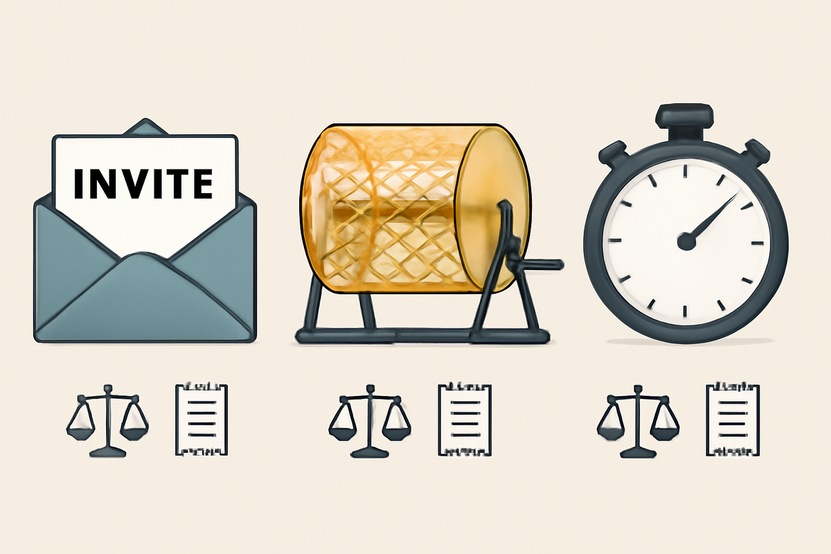 Invite envelope, lottery drum, and stopwatch with fairness scales—retailer methods compared: invite sale vs lottery vs first-come—rules, timing, and win-rate logic in one decisive visual