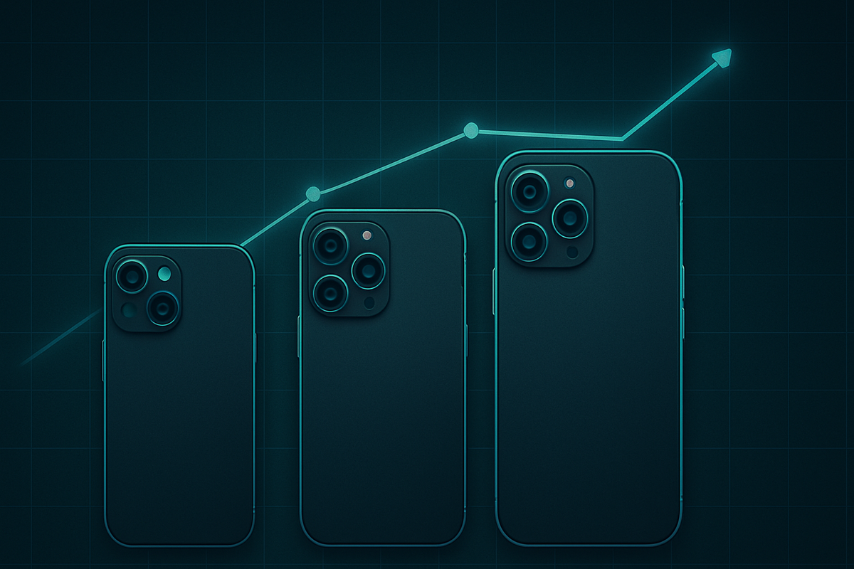 Three iPhone Pro silhouettes under a rising line chart—15 Pro → 16 Pro → 17 Pro weight trend visualized—data-driven clarity, cool teal grid, nerdy joy for comparison lovers