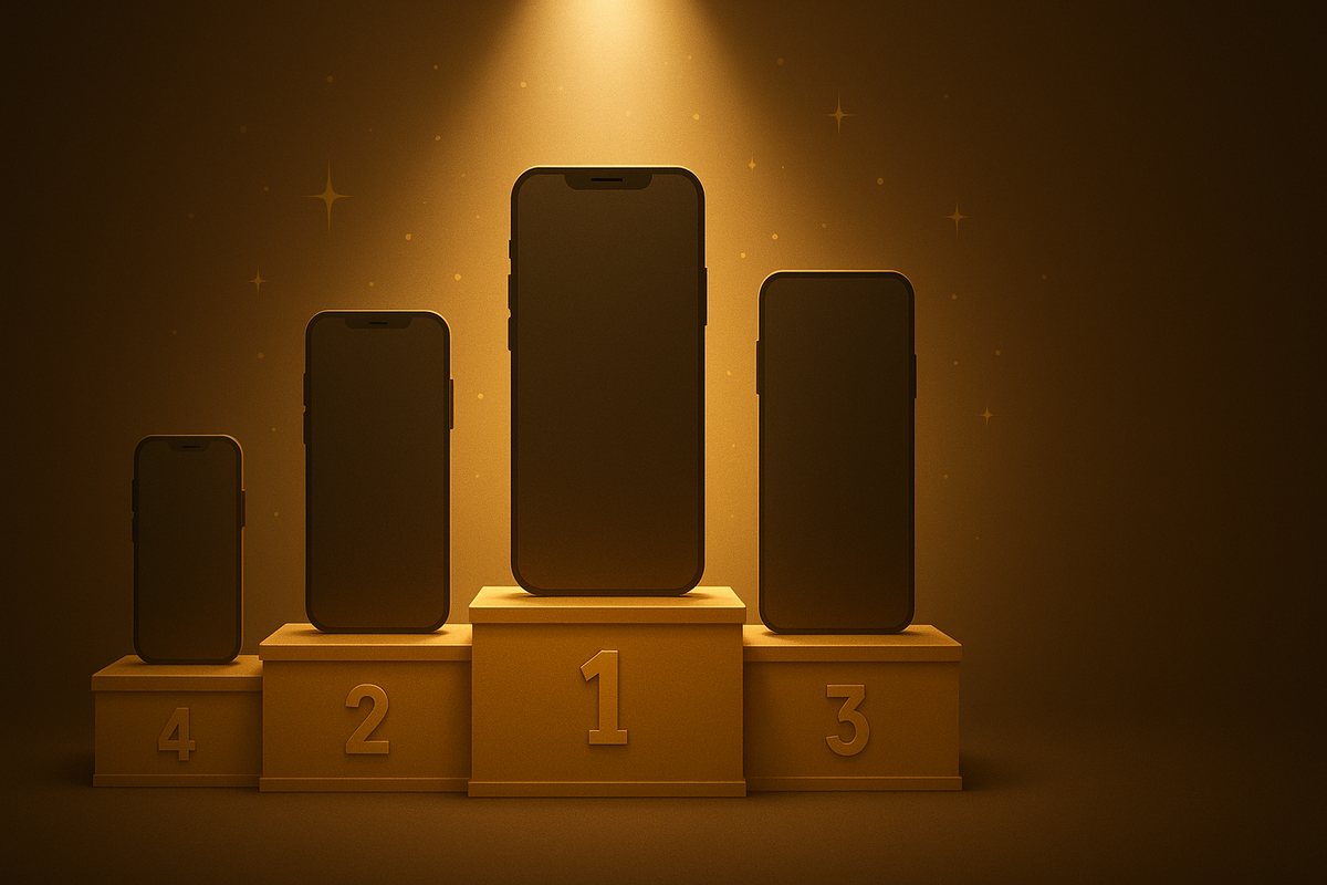 Spotlit podium ranking the iPhone 17 family by weight—Air, standard, Pro, Pro Max—golden drama, instant glanceable order, decisive pick energy