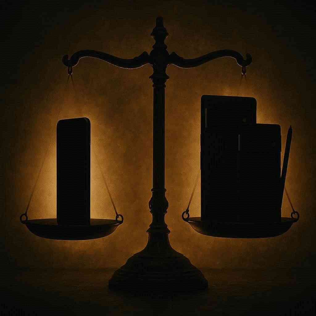 Classic balance scale glowing amber—iPhone 17 Pro on one side vs Android flagships like Galaxy S24 Ultra / Pixel 8 Pro on the other—fair head-to-head weight showdown, elegant tension